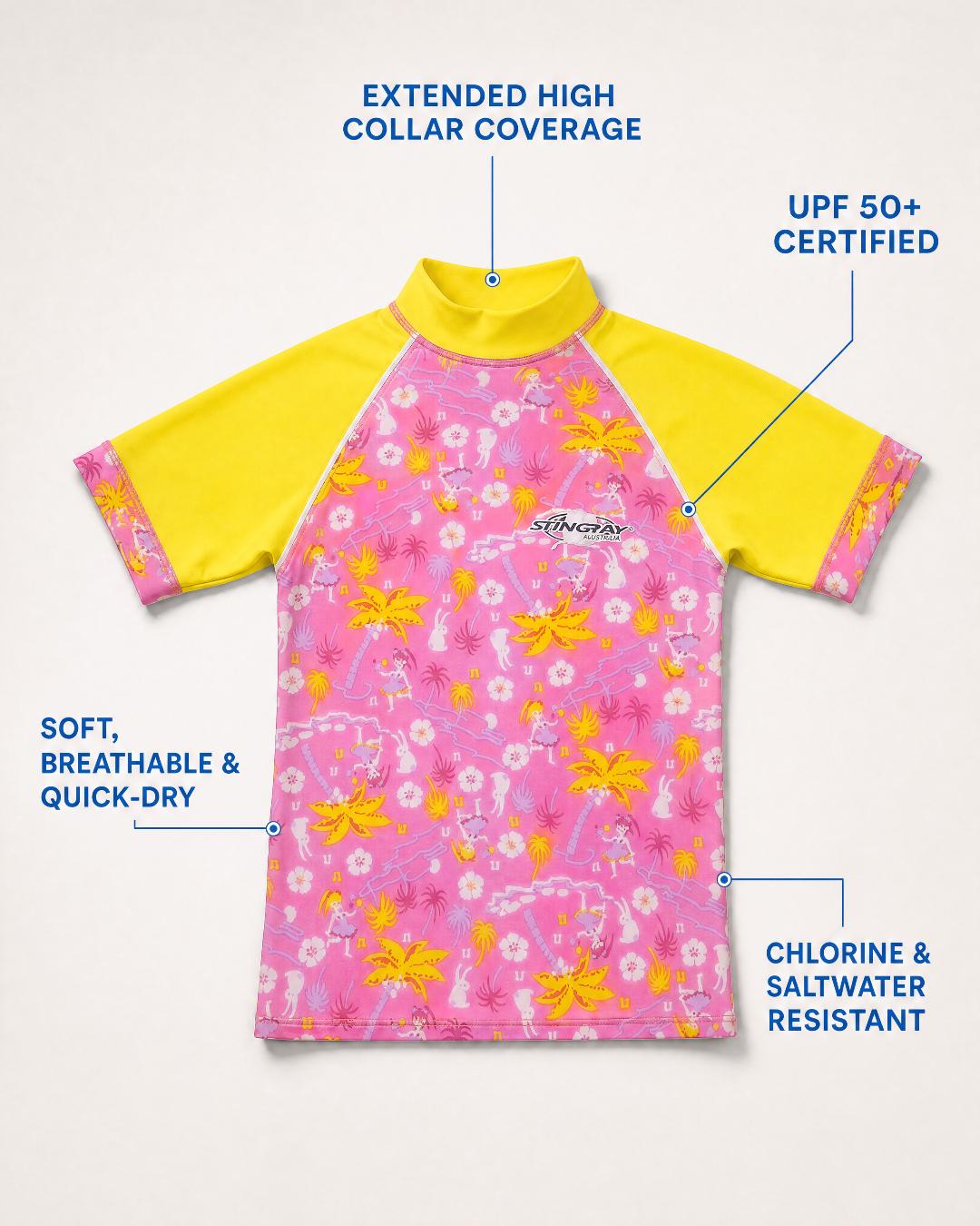 Annotated Features Kids Flat Lay of Short Sleeve UV Rash Shirt UPF 50+ - Yellow Floral