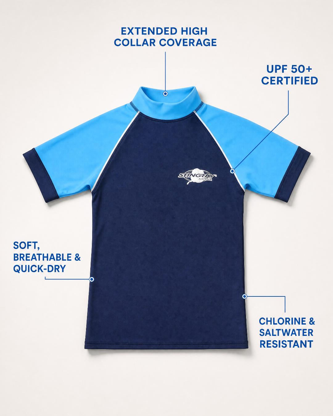 Annotated Features Toddlers Flat Lay of Short Sleeve UV Rash Shirt UPF 50+ - Navy Azure