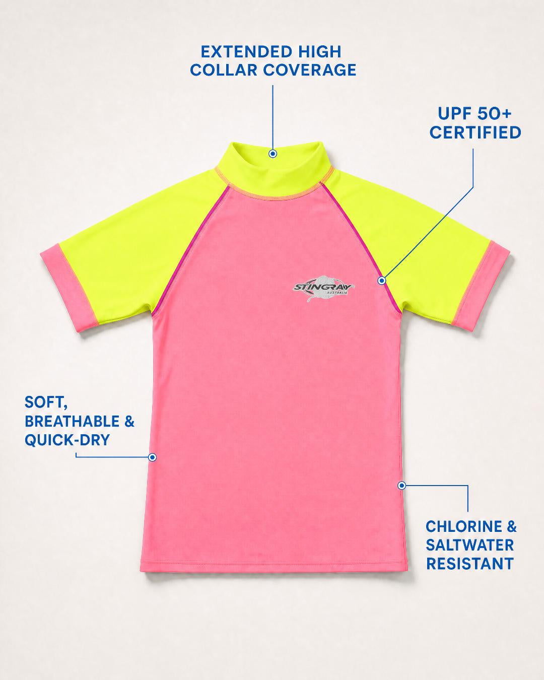 Annotated Features Kids Flat Lay of Short Sleeve UV Rash Shirt UPF 50+ - Pink Yellow