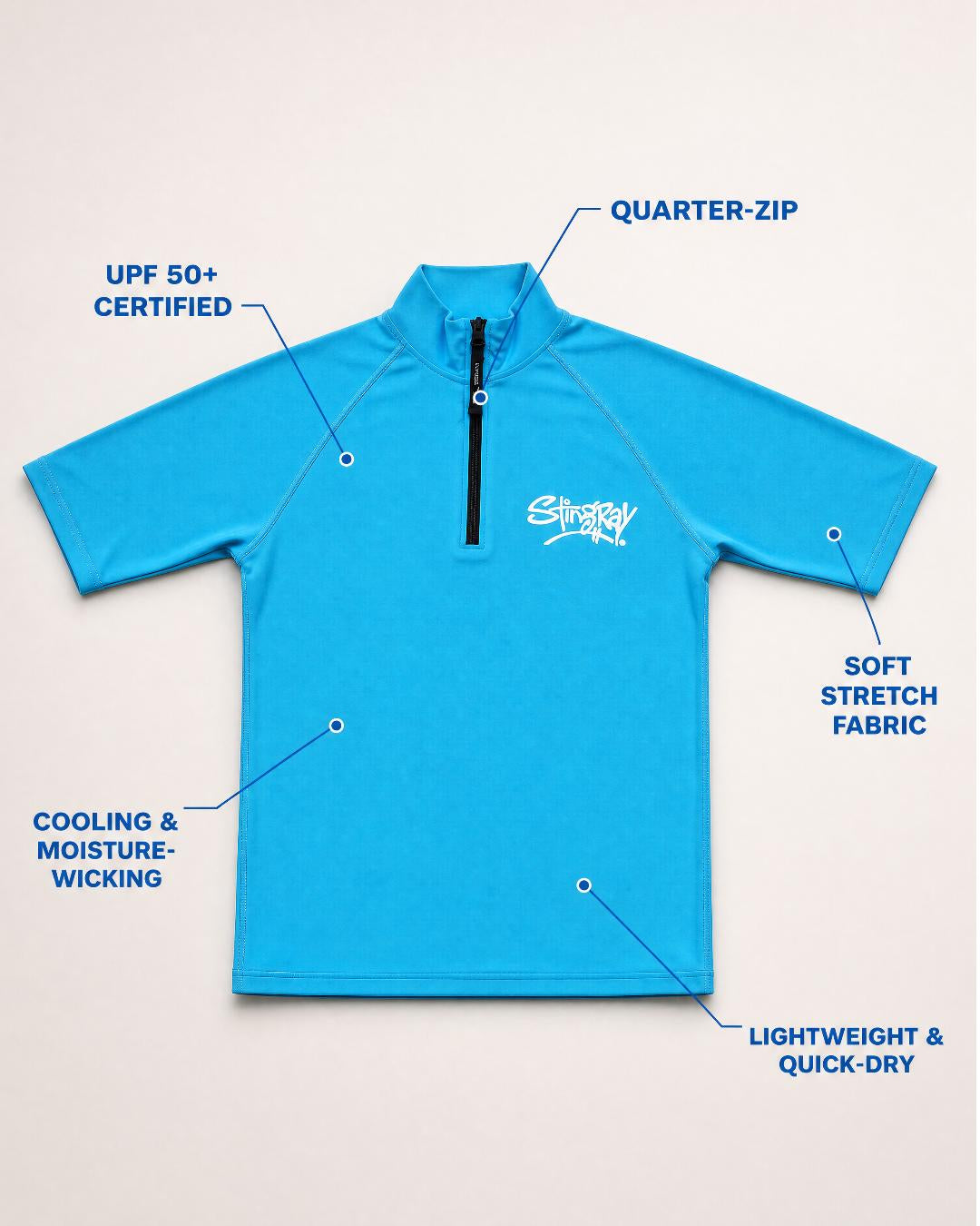 Annotated Flat Lay of Womens Zipped UV Swim Shirt UPF 50+ in Azure