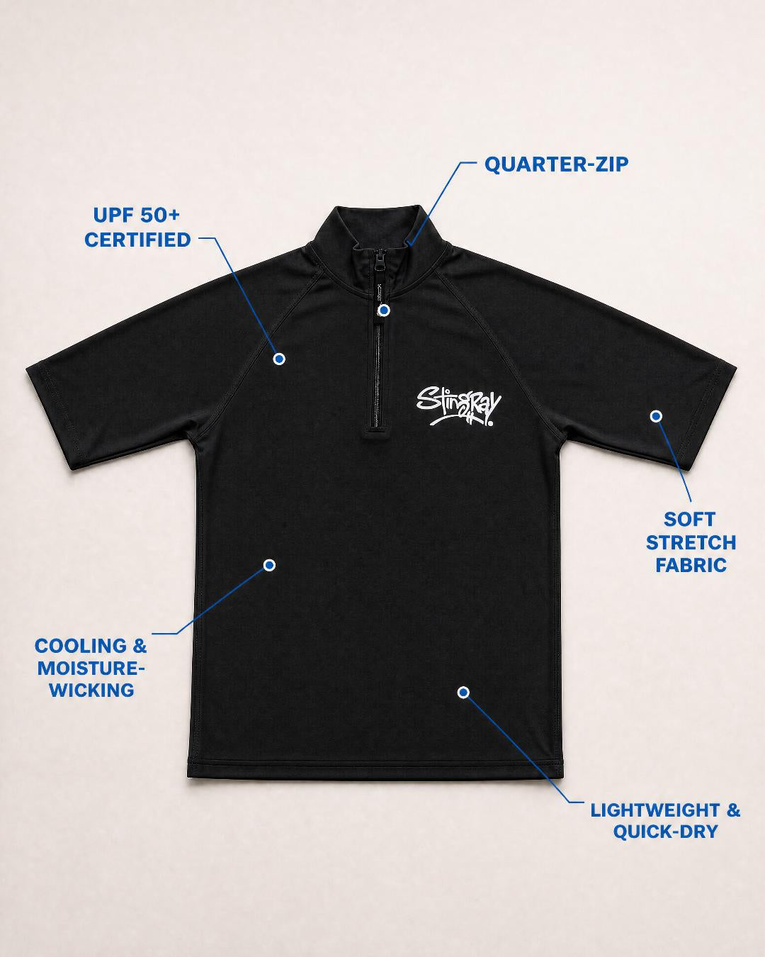 Annotated Flat Lay of Womens Zipped UV Swim Shirt UPF 50+ in Black