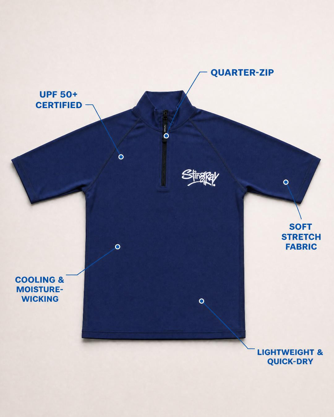 Annotated Flat Lay of Womens Zipped UV Swim Shirt UPF 50+ in Navy