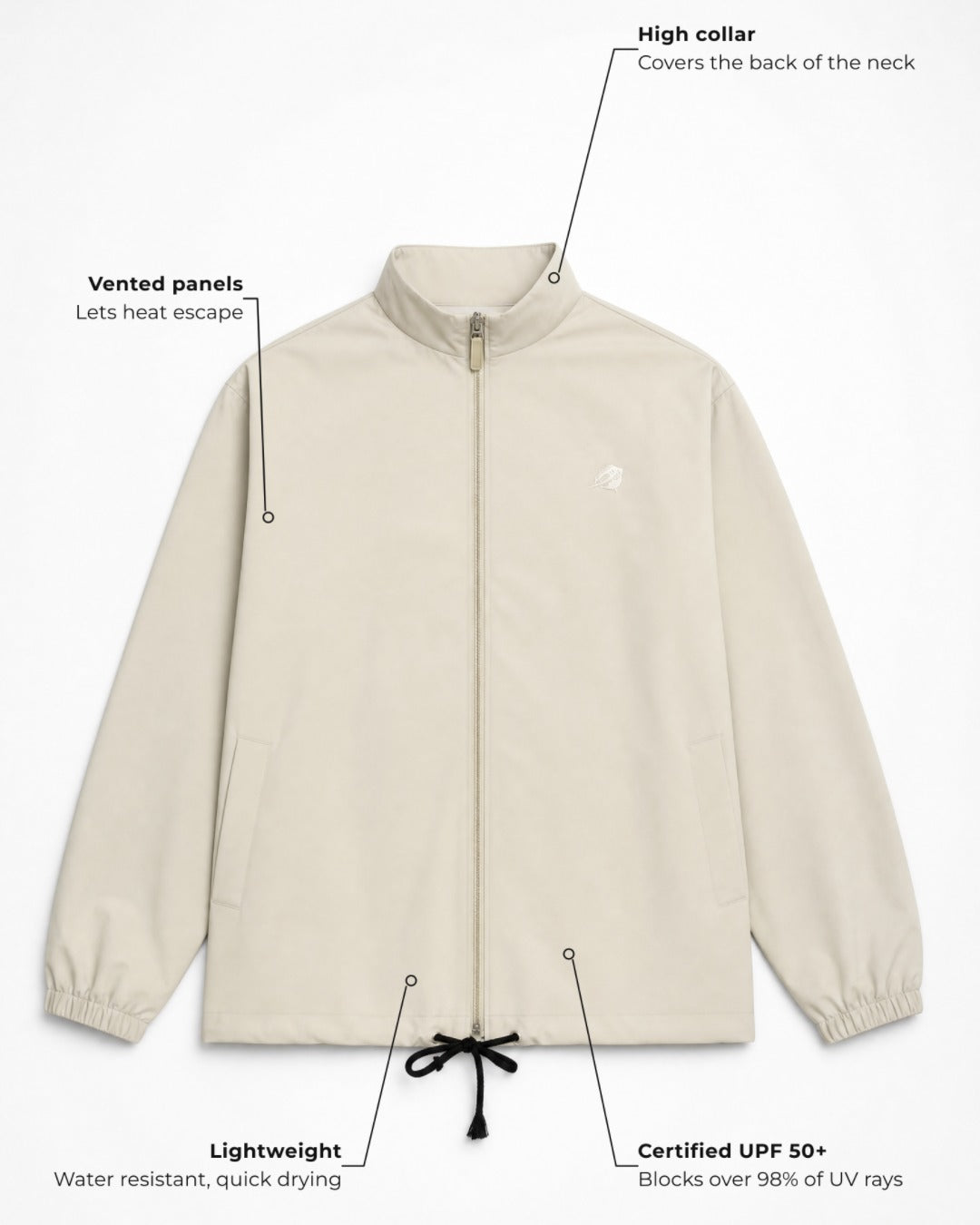 Annotated Stingray UV vented jacket UPF 50+ in bone, in the studio