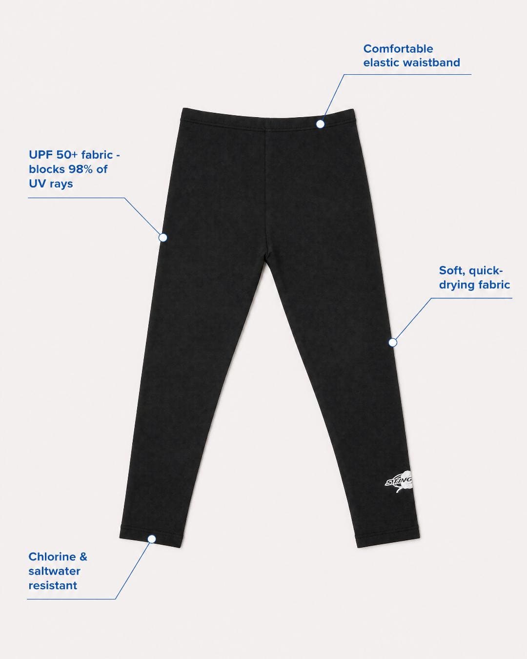 Annotated feature flat lay of kids UV swimming leggings/tights UPF 50+ - black