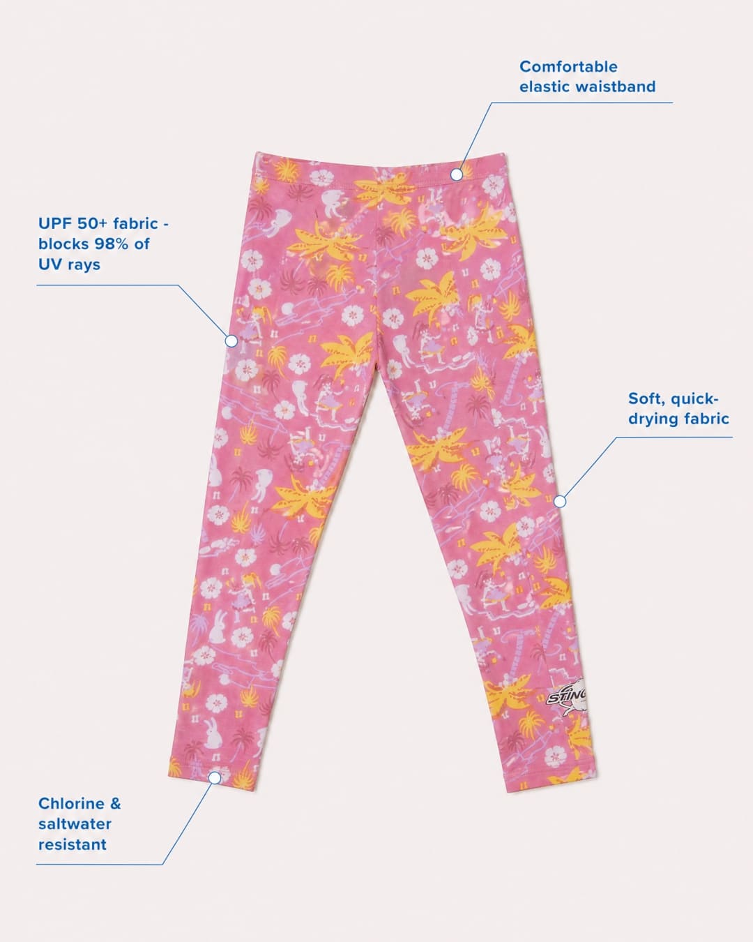 Annotated feature flat lay of kids UV swimming leggings/tights UPF 50+ - floral pattern