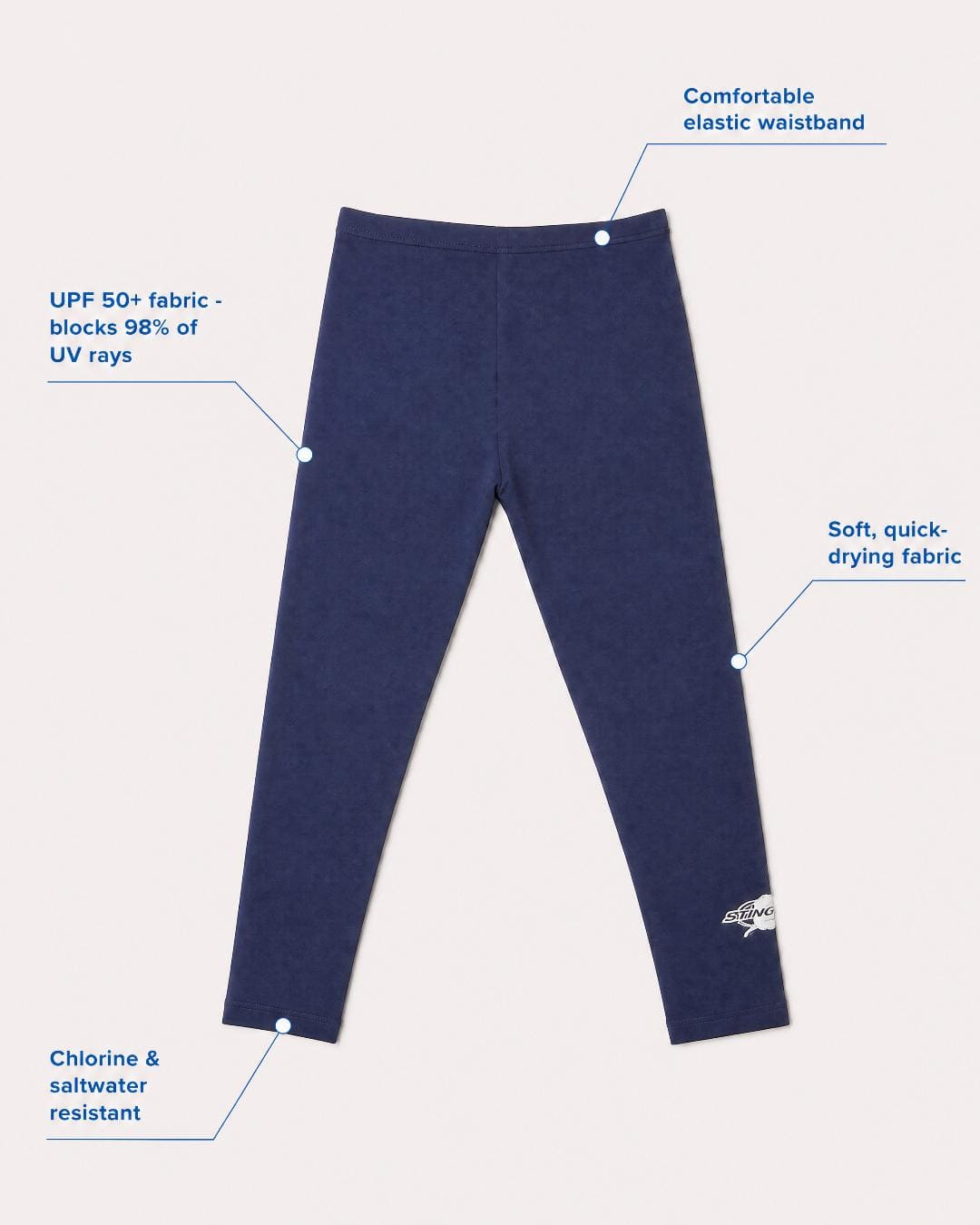 Annotated flat lay of toddlers sun protection leggings UPF 50+ in navy