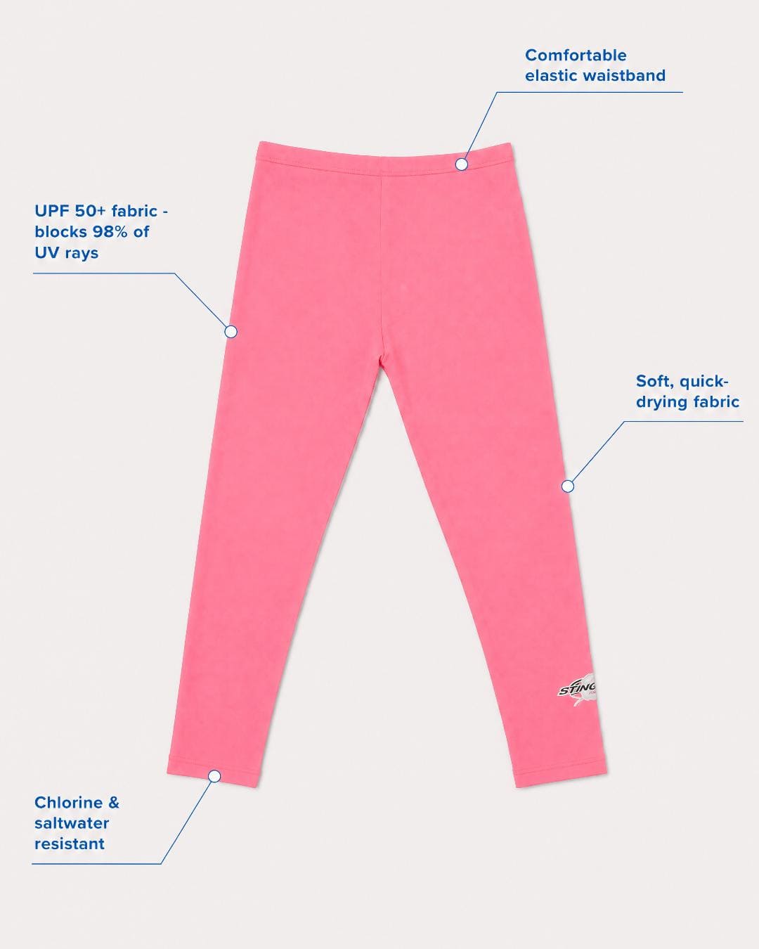 Annotated feature flat lay of kids UV swimming leggings/tights UPF 50+ - pink