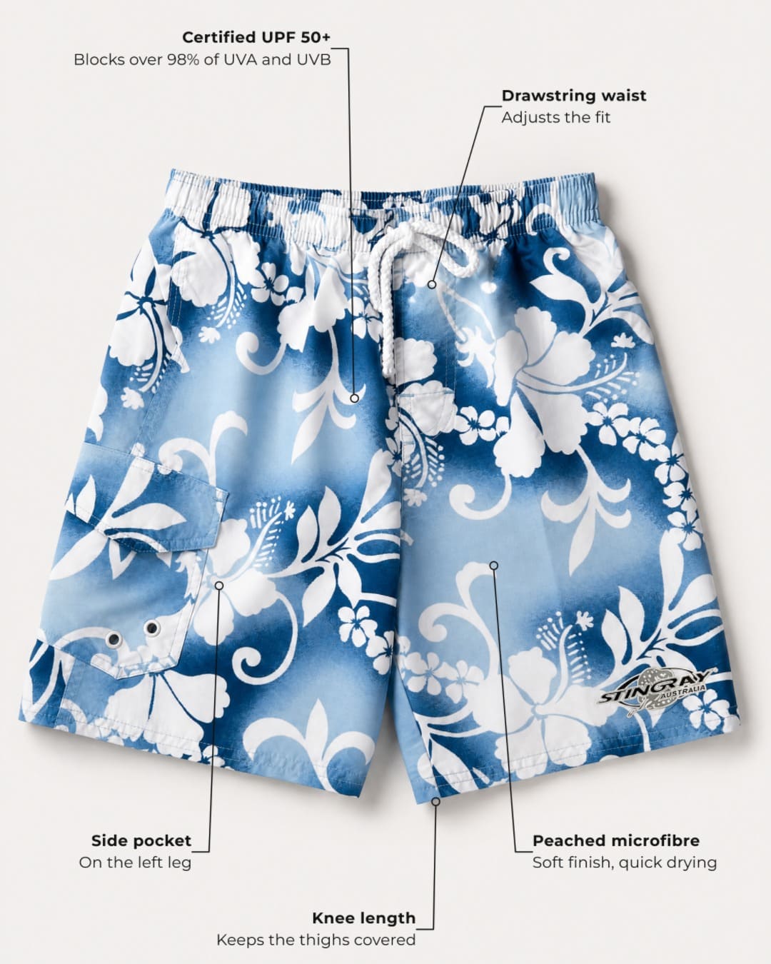 Annotated features blue hawaii Stingray UV board shorts UPF 50+ in studio