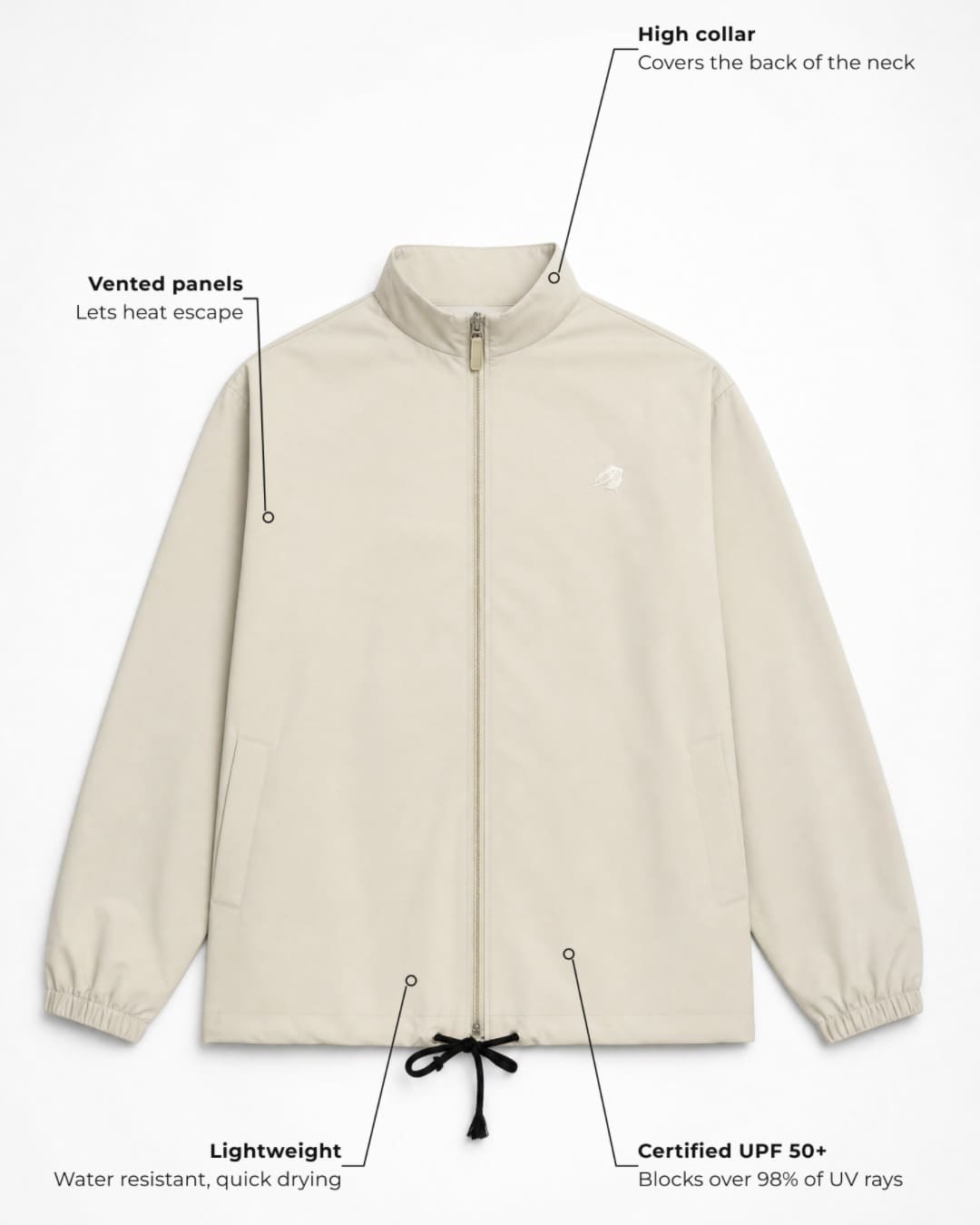 Annotated features Stingray UV vented jacket UPF 50+ in bone, in a studio