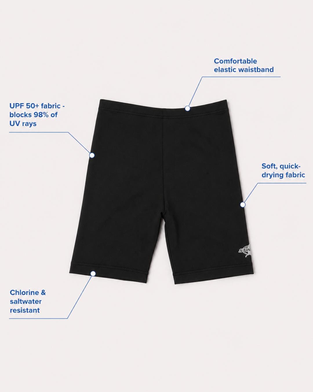 Annotated features flat lay of black UV swim shorts for kids UPF 50+