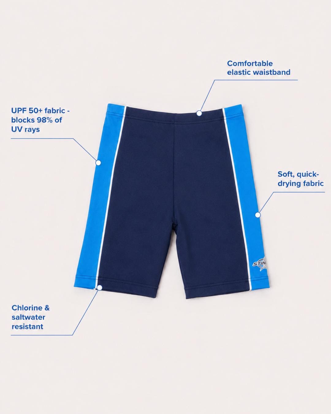Annotated features flat lay of navy and azure UV swimming shorts/trunks UPF 50+ in a white studio