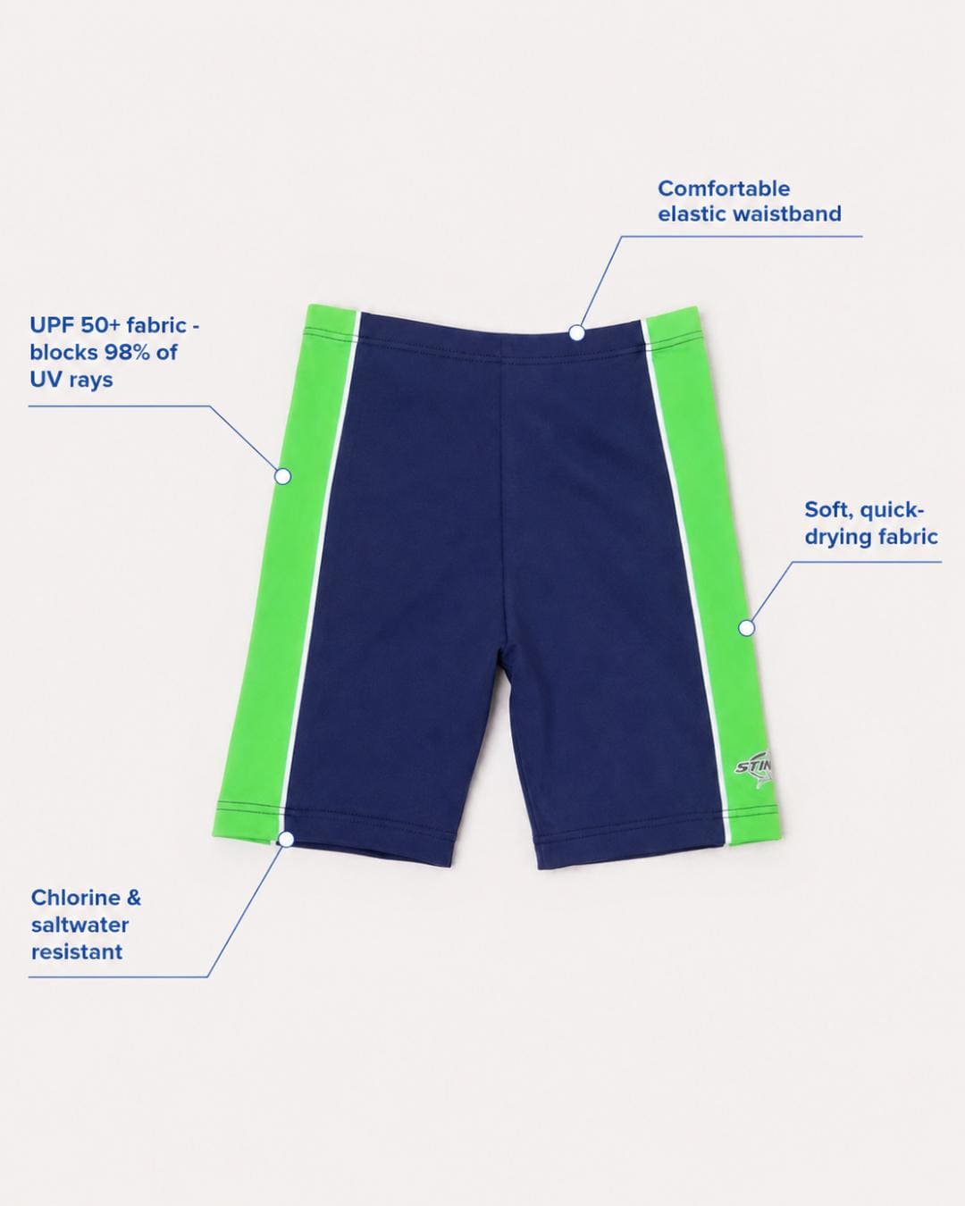 Annotated features flat lay of navy and green UV swim shorts for kids UPF 50+