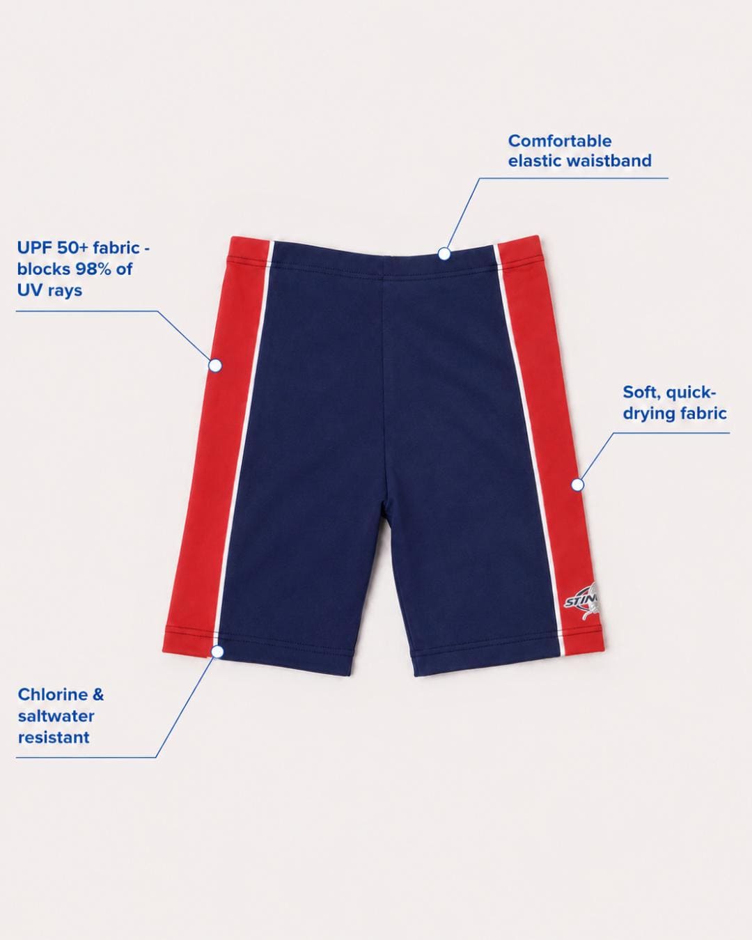 Annotated features flat lay of navy and red UV swim shorts for kids UPF 50+