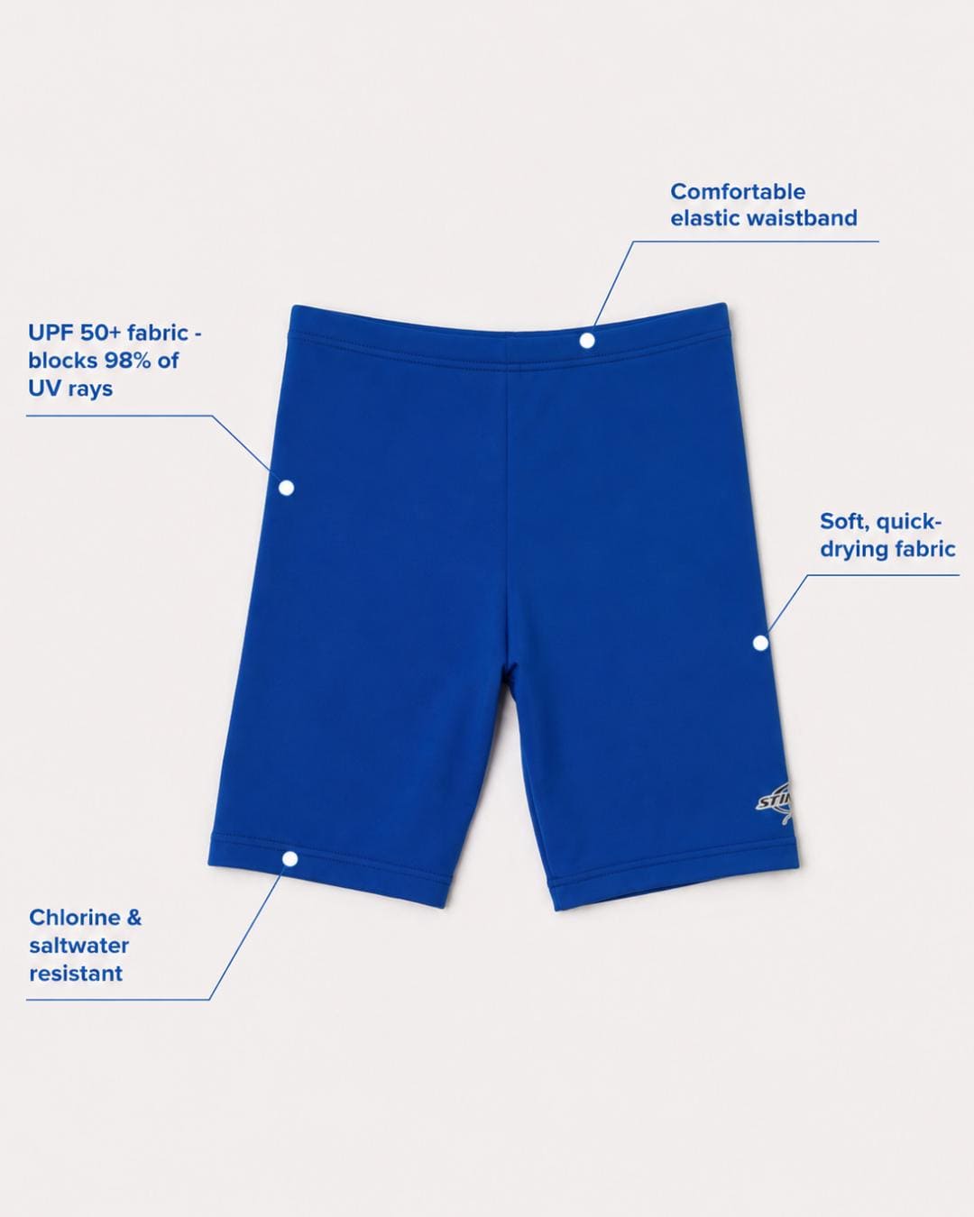 Annotated features flat lay of ocean blue UV swim shorts for kids UPF 50+