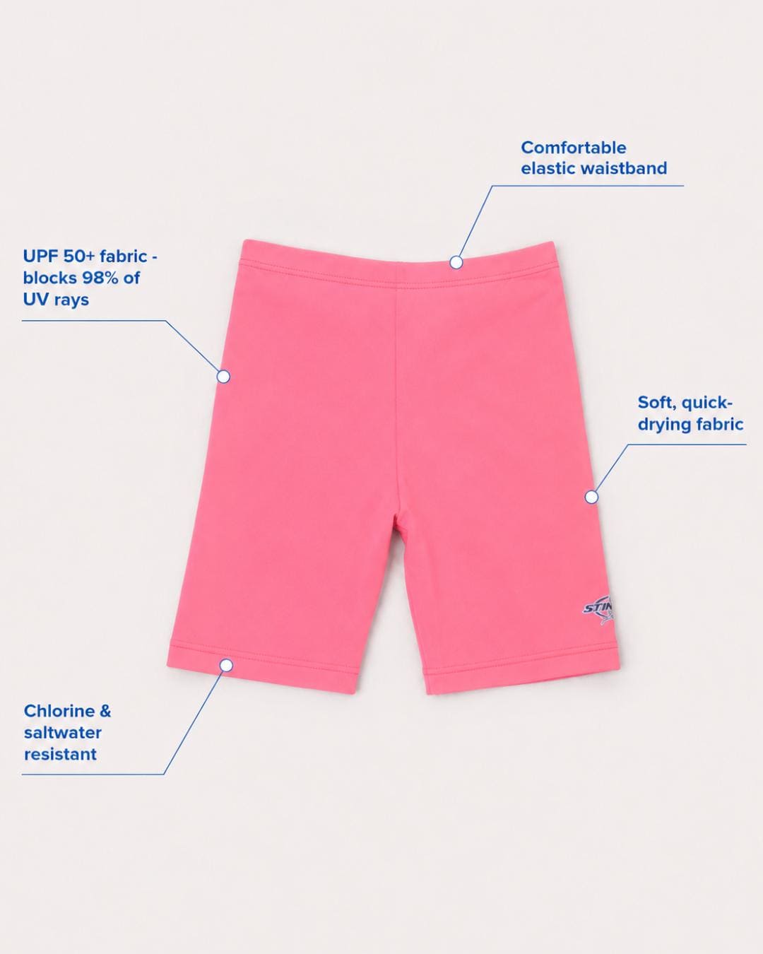 Annotated features flat lay of pink UV swim shorts for kids UPF 50+
