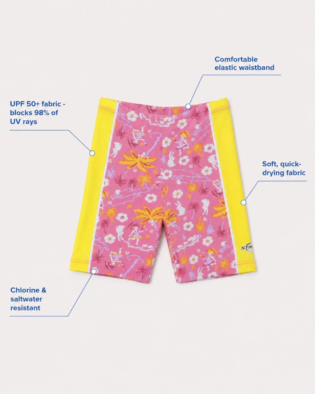Annotated features flat lay of floral and yellow UV swim shorts for kids UPF 50+