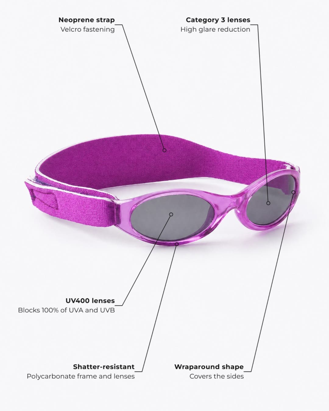 Annotated features kids banz sunglasses in purple in studio