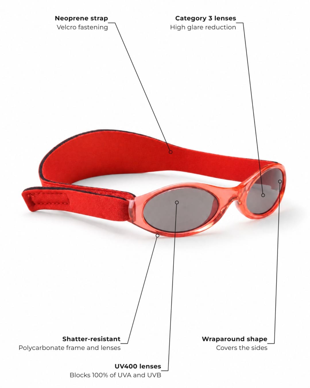 Annotated features kids banz sunglasses in red in studio
