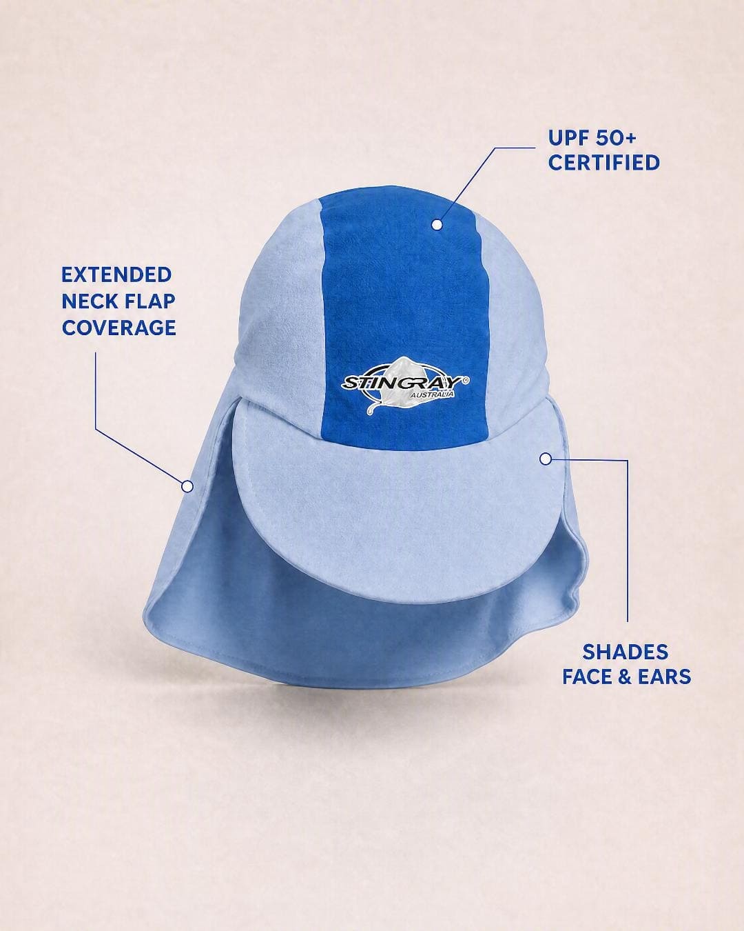 Baby legionnaire cap in studio - features annotated - blue
