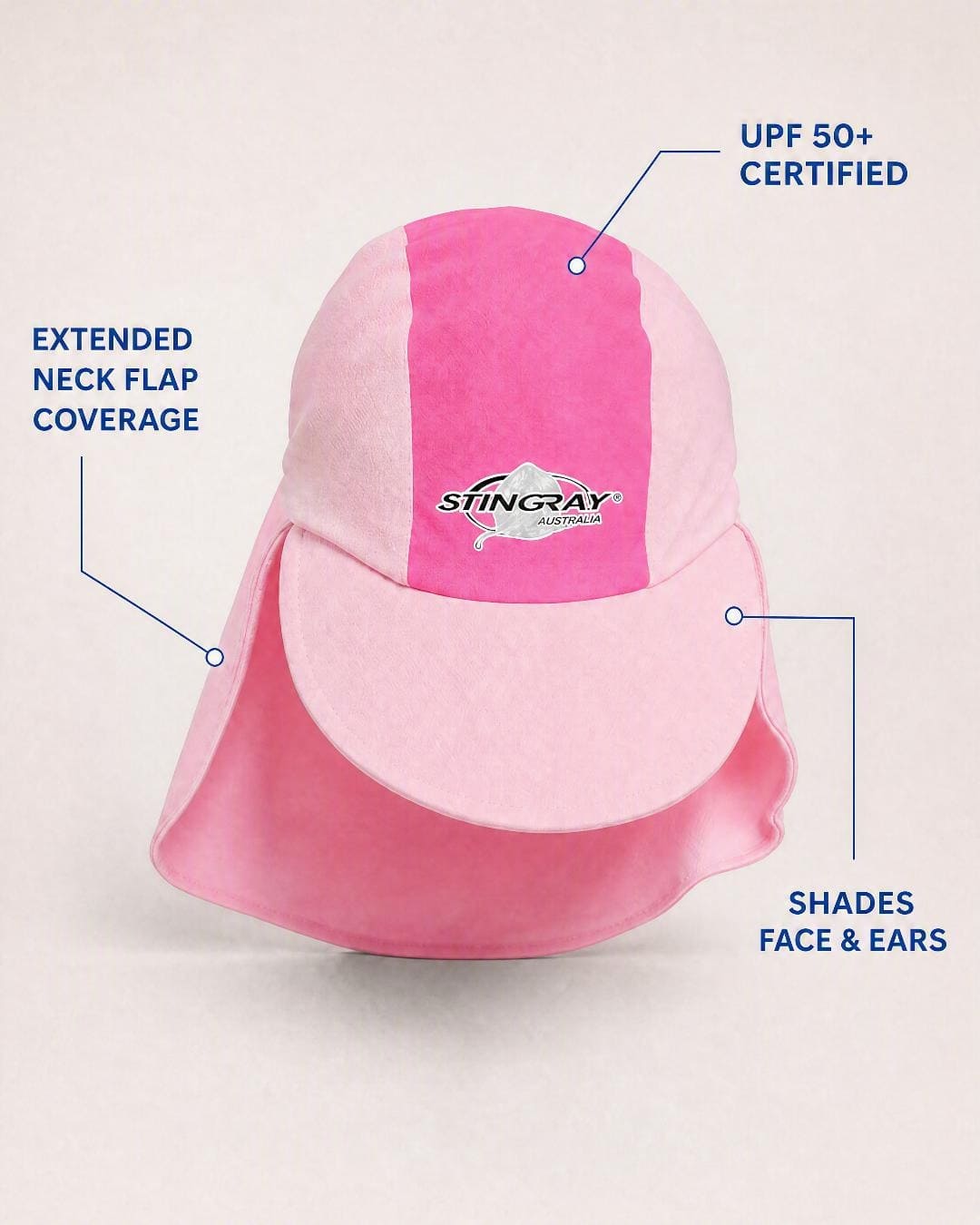Baby legionnaire cap in studio - features annotated - pink