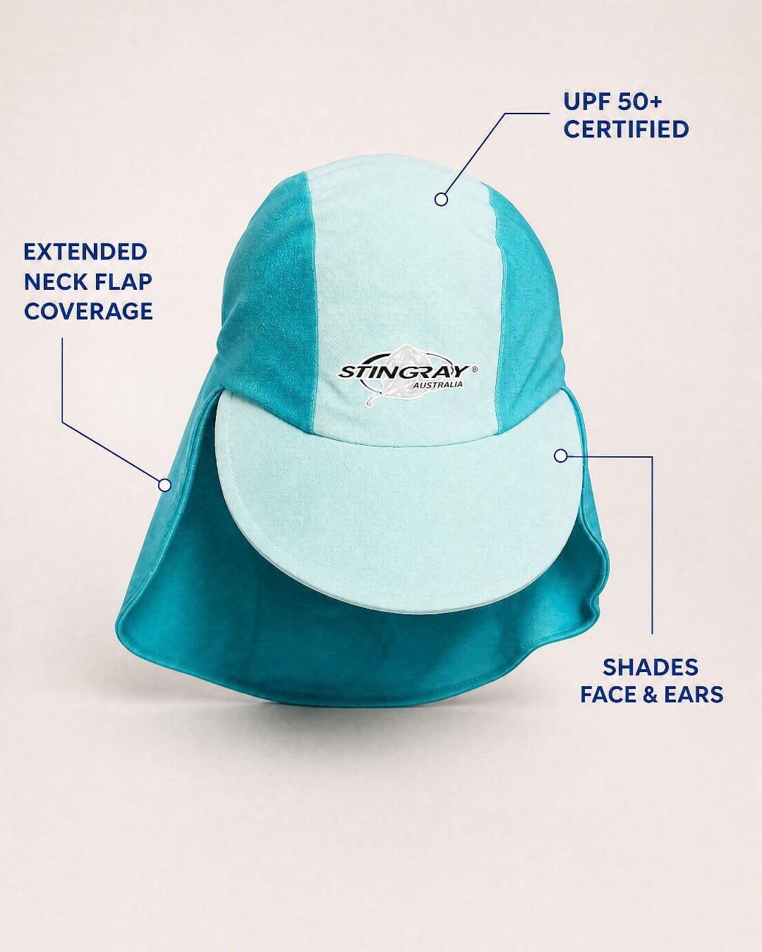 Baby legionnaire cap in studio - features annotated - teal