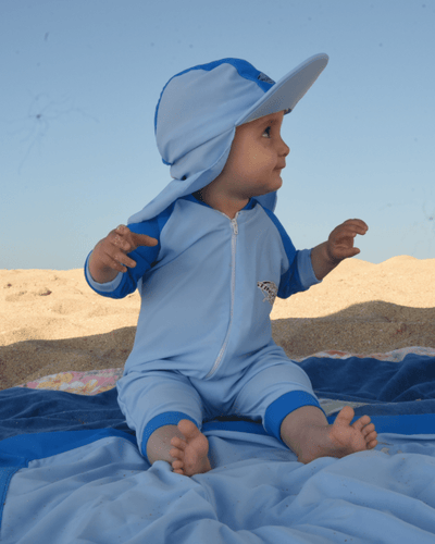 Baby wearing UPF 50+ UV protection swimwear suit