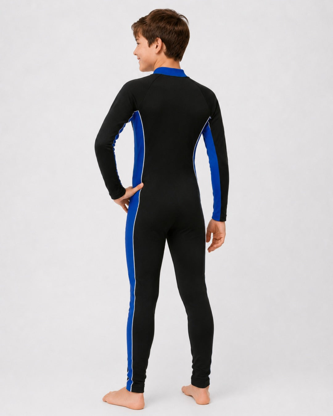 Back of 14 Year Old Boy in Full Body Sunsuit - Black Blue