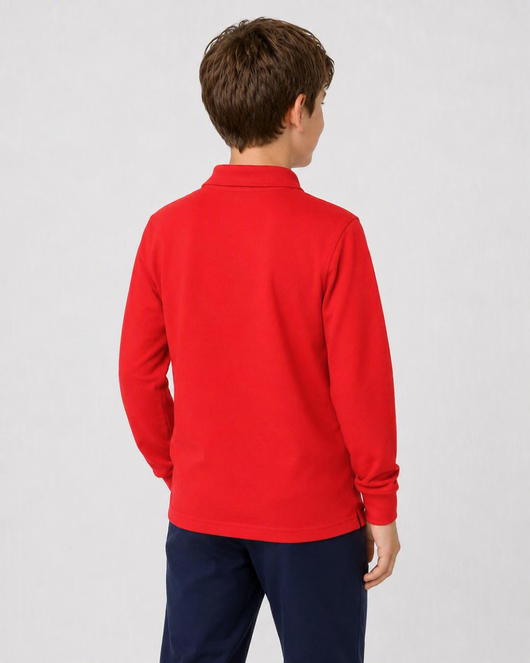 Back of 14 Year Old Wearing Long Sleeve UV Polo Shirt - Red