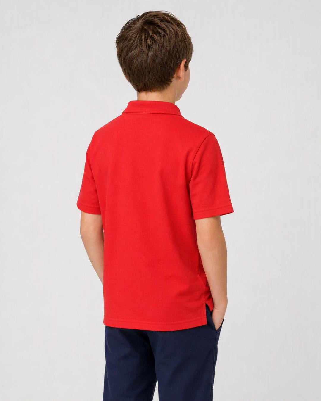Back of 14 Year Old Wearing Short Sleeve Polo Shirt - Red
