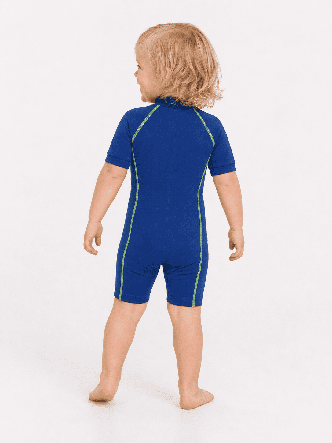 Back of 2 year old toddler wearing short sleeve UV sunsuit - blue