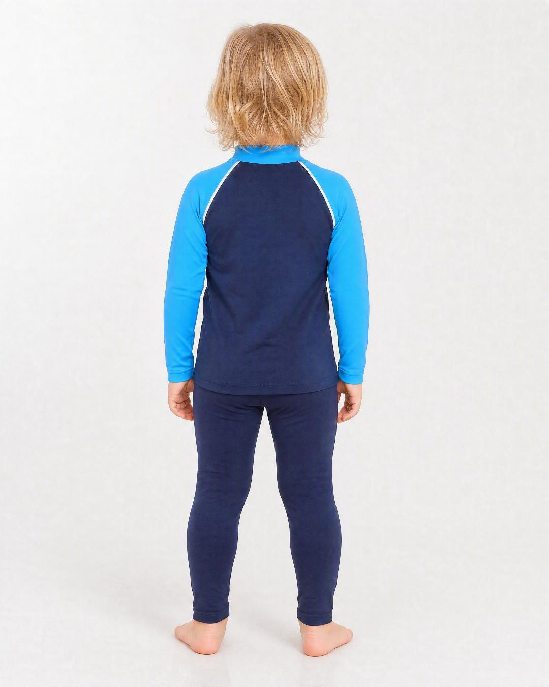 Back of 2 year old wearing UV swims shirt UPF 50+ - navy and azure