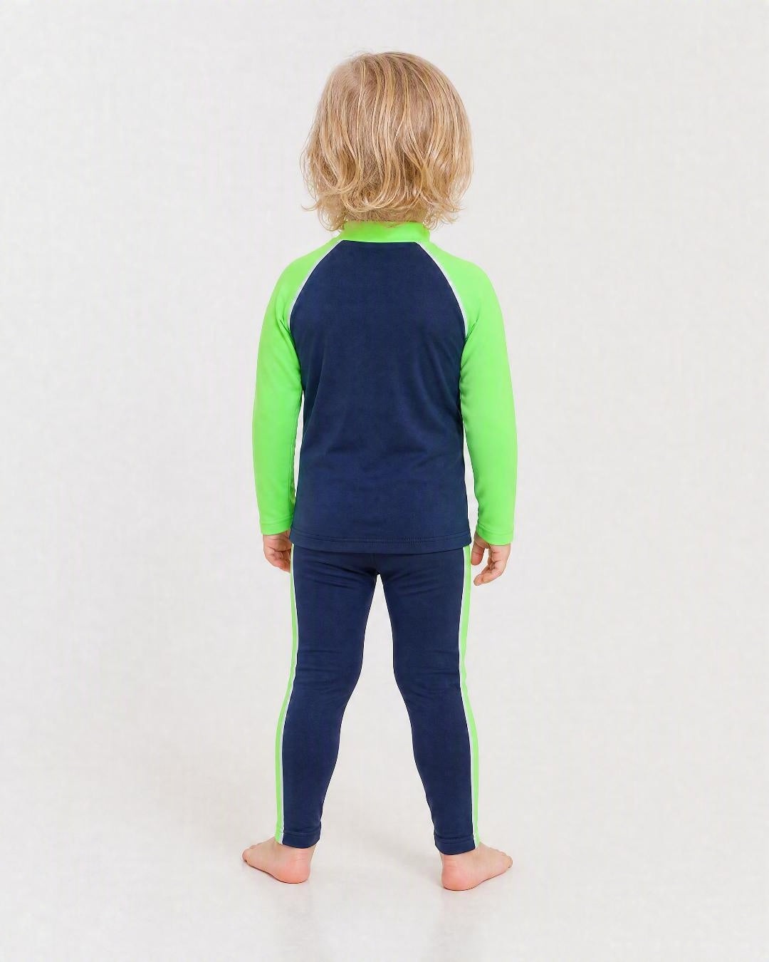 Back of 2 year old wearing UV swims shirt UPF 50+ - navy and green