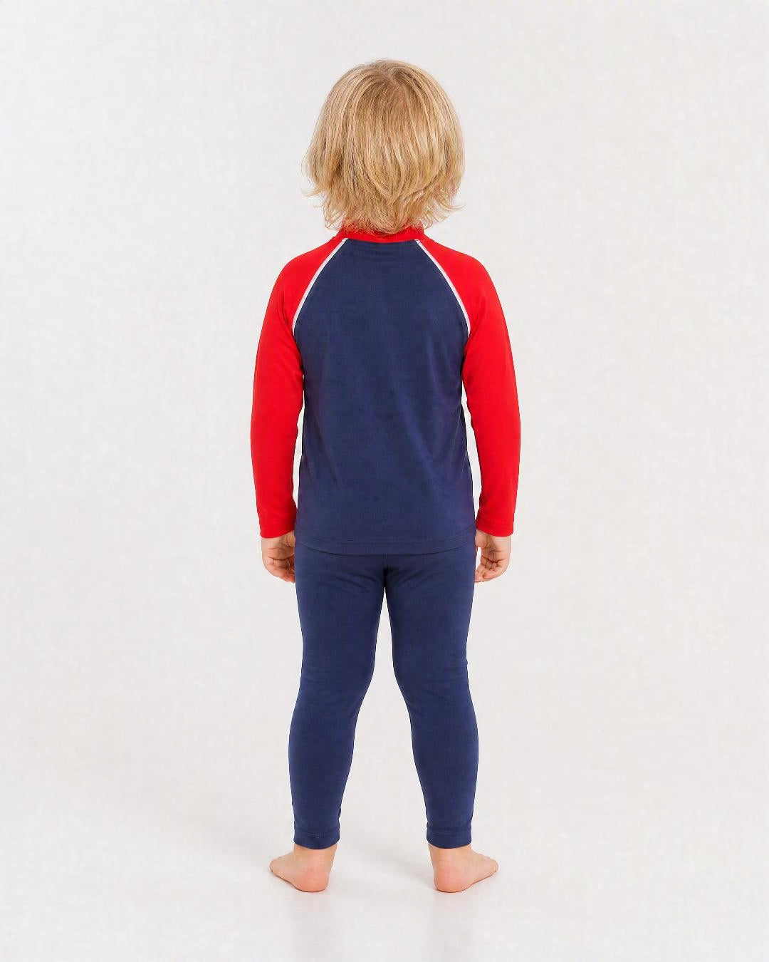 Back of 2 year old wearing UV swims shirt UPF 50+ - navy and red