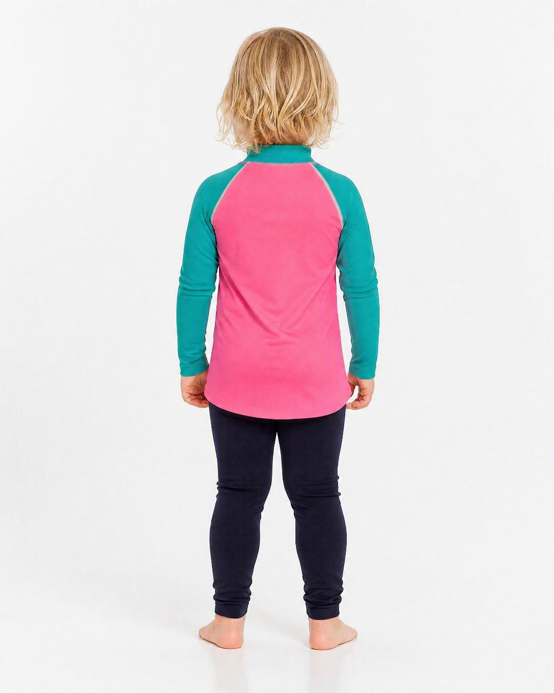 Back of 2 year old wearing UV swims shirt UPF 50+ - pink and teal