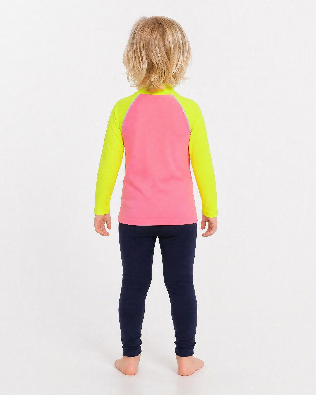 Back of 2 year old wearing UV swims shirt UPF 50+ - pink and teal