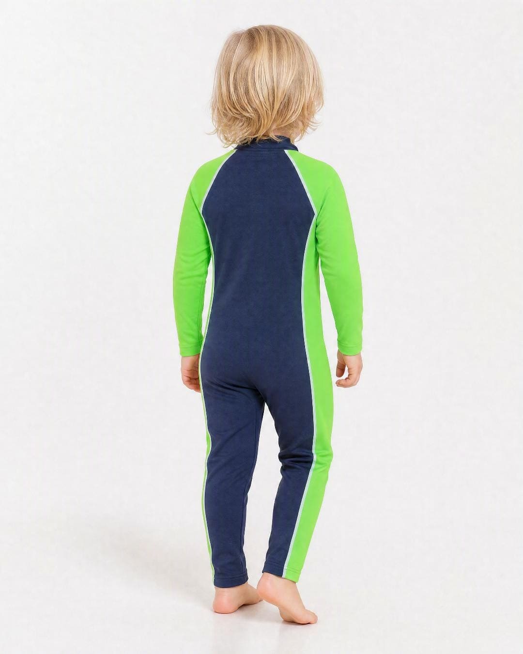 Back of 2 year old wearing full body UV swimsuit UPF 50+ - navy and green