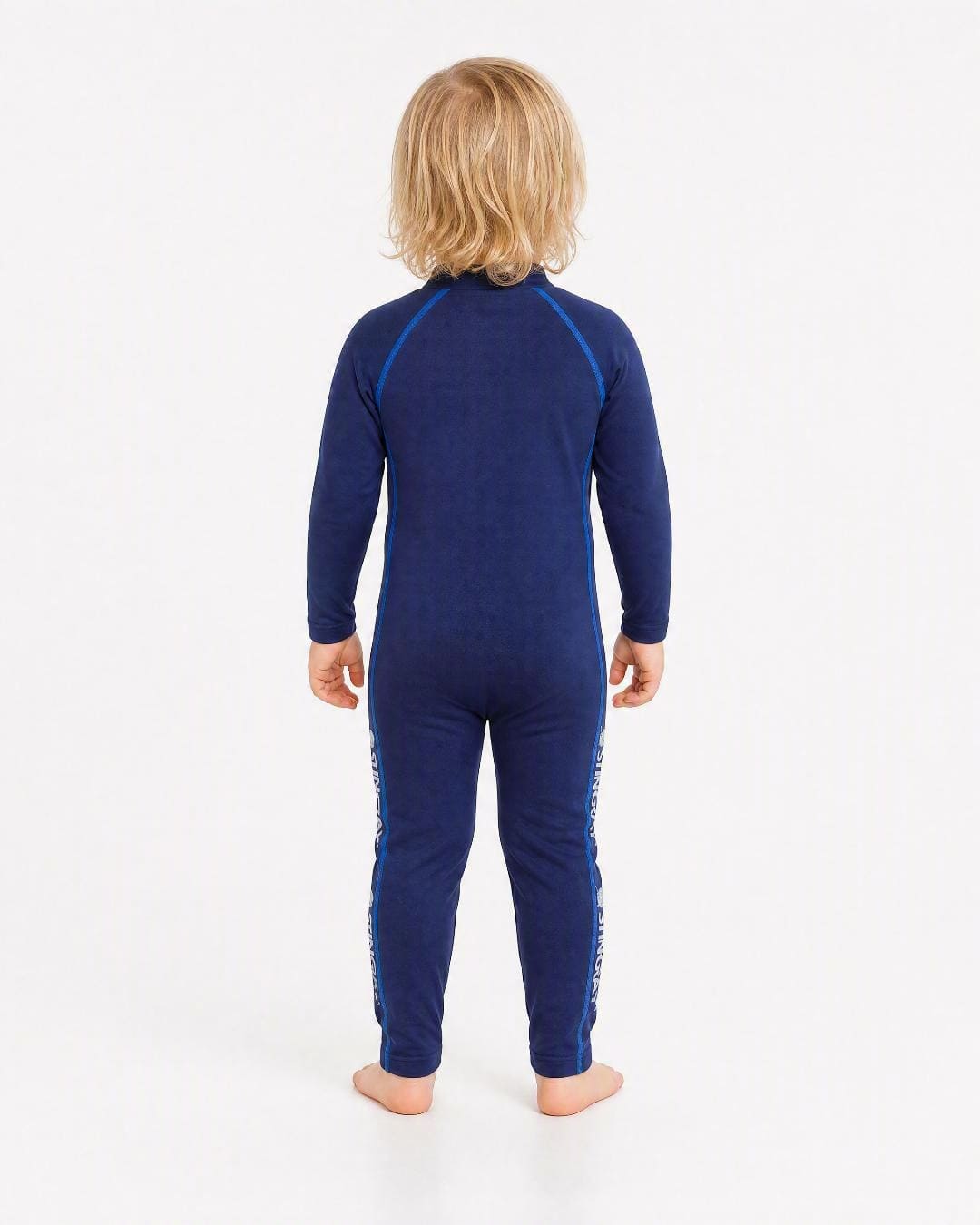 Back of 2 year old wearing full body UV swimsuit UPF 50+ - navy blue