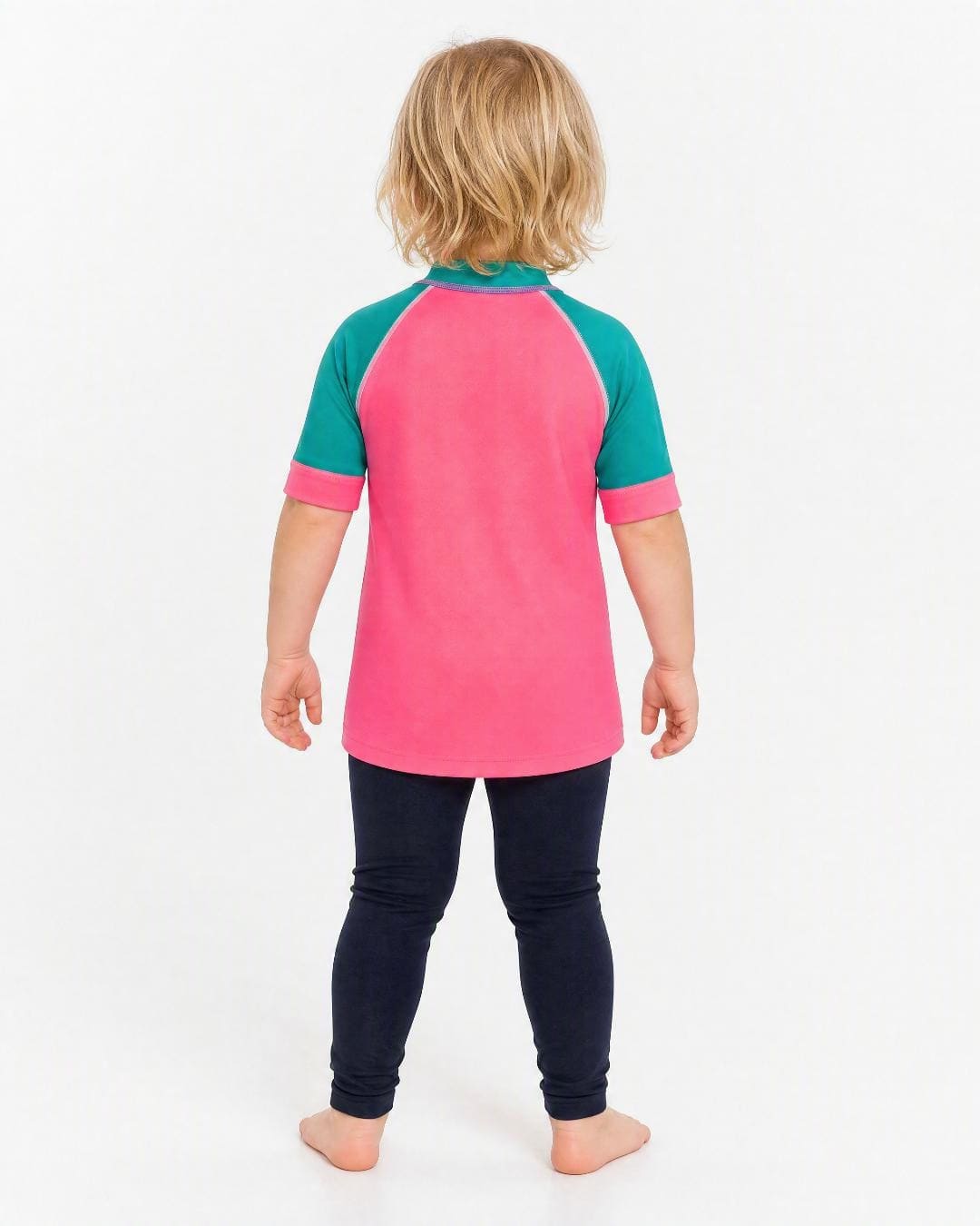 Back of 2 year old wearing short sleeve uv rash vest UPF 50+ - pink and teal