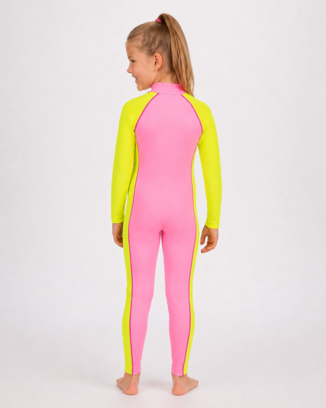 Back of 6 Year Old Girl in Full Body Sunsuit - Pink Yellow