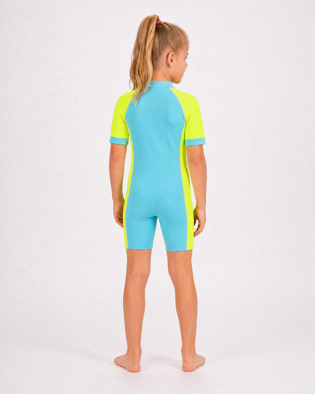 Back of 6 year old girl wearing short sleeve UV swimsuit UPF 50+ - aqua yellow