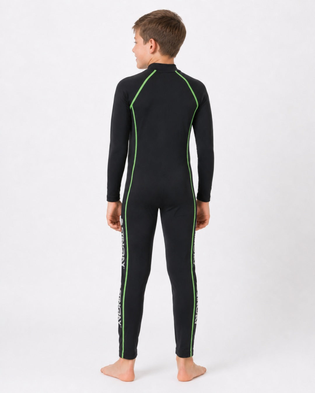 Back of 8 Year Old Boy in Full Body Sunsuit - Black Green Stitch