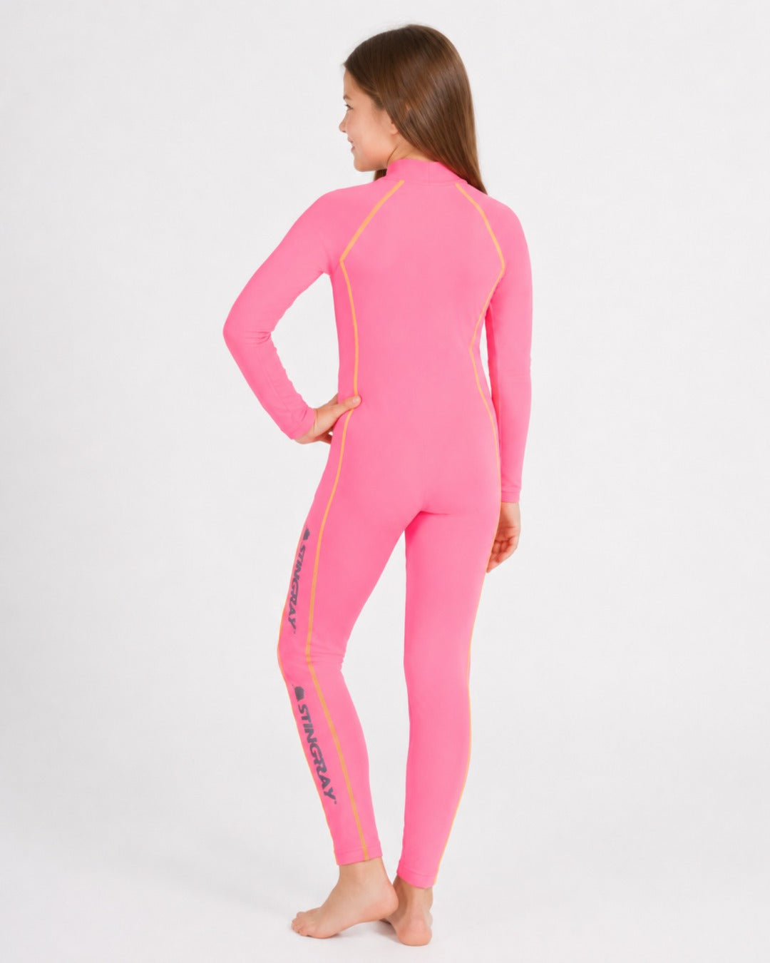 Back of 8 Year Old Girl in Full Body Sunsuit - Pink orange Stitching