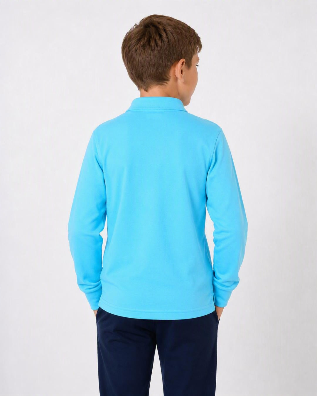 Back of 8 Year Old Wearing Long Sleeve UV Polo Shirt - Ice Blue