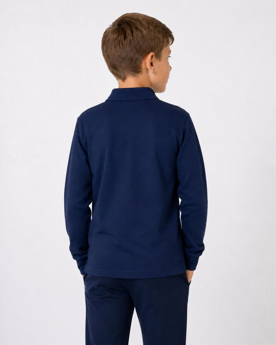 Back of 8 Year Old Wearing Long Sleeve UV Polo Shirt - Navy