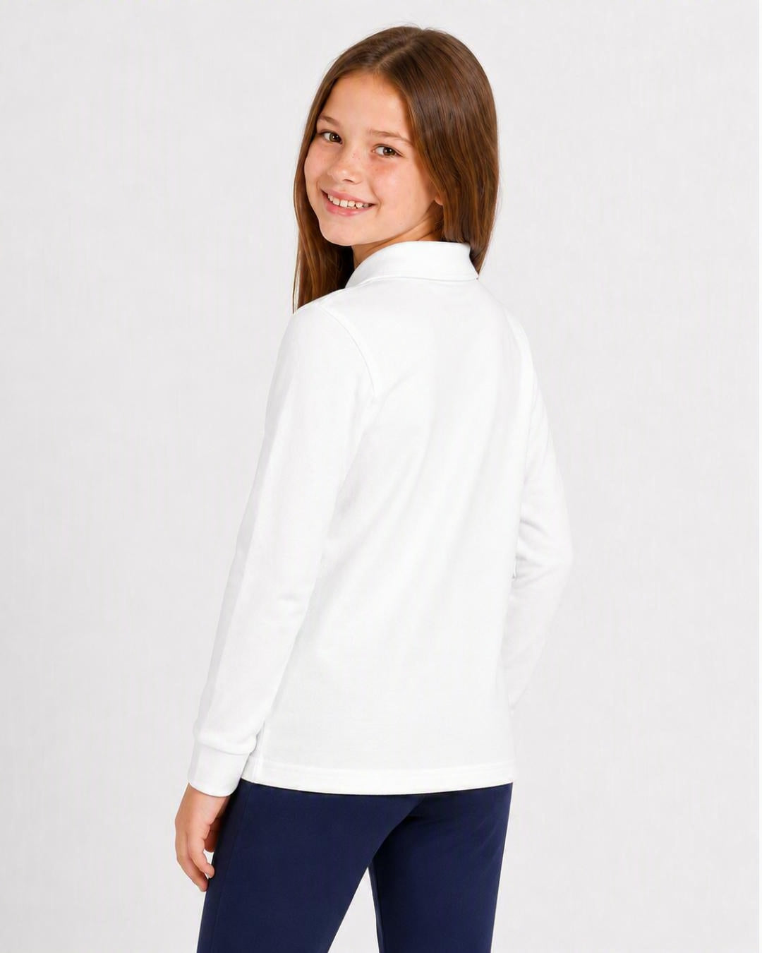 Back of 8 Year Old Wearing Long Sleeve UV Polo Shirt - White