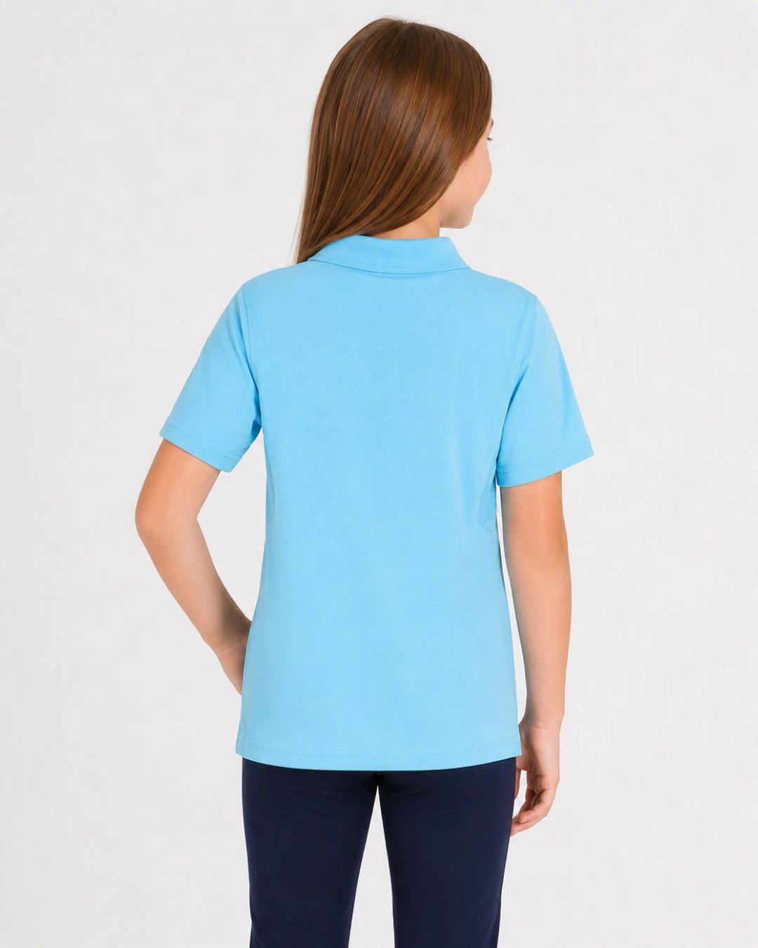 Back of 8 Year Old Wearing Short Sleeve Polo Shirt - Ice Blue
