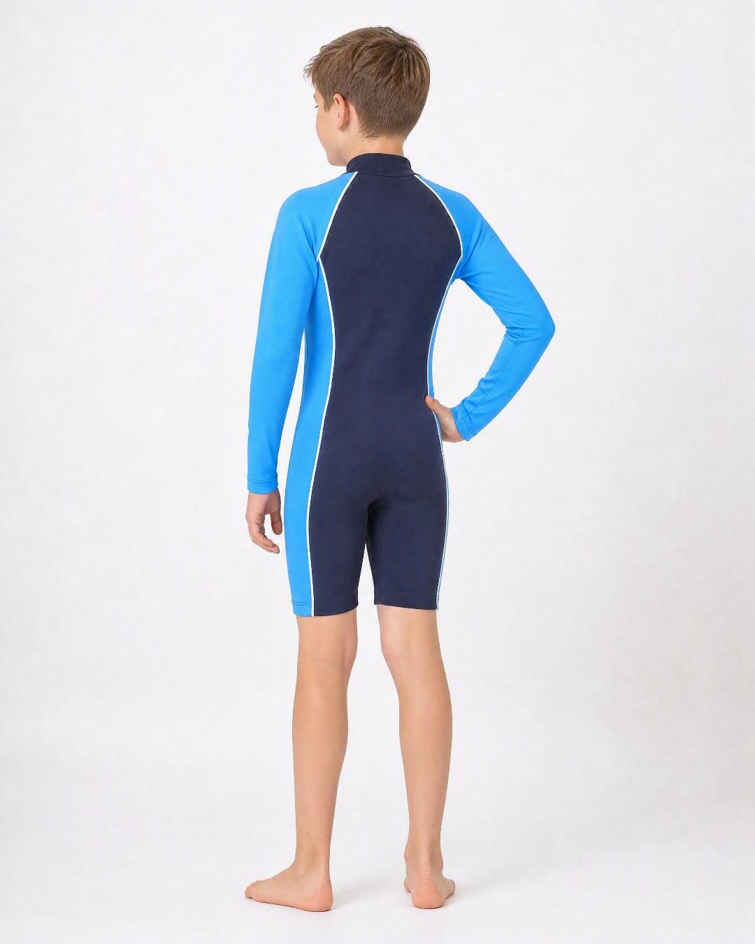 Back of 8 year old boy Navy Azure
