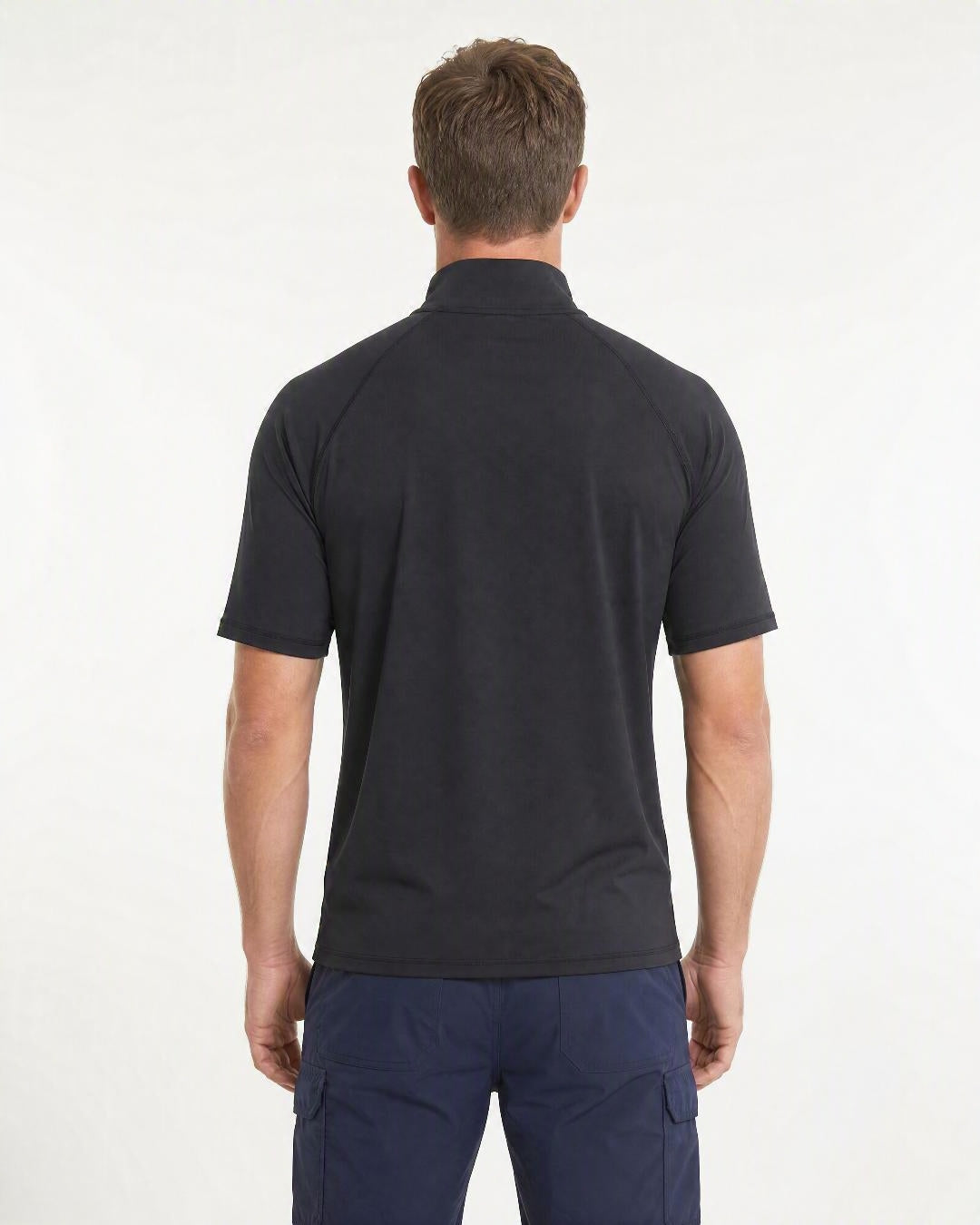 Back of black Mens UV zipped rash shirt UPF 50+