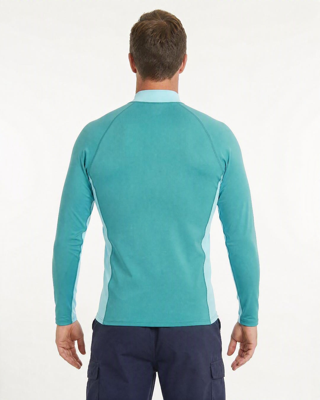 Back of Man Wearing Long Sleeve UV Rash Shirt UPF 50+ in Aqua Teal