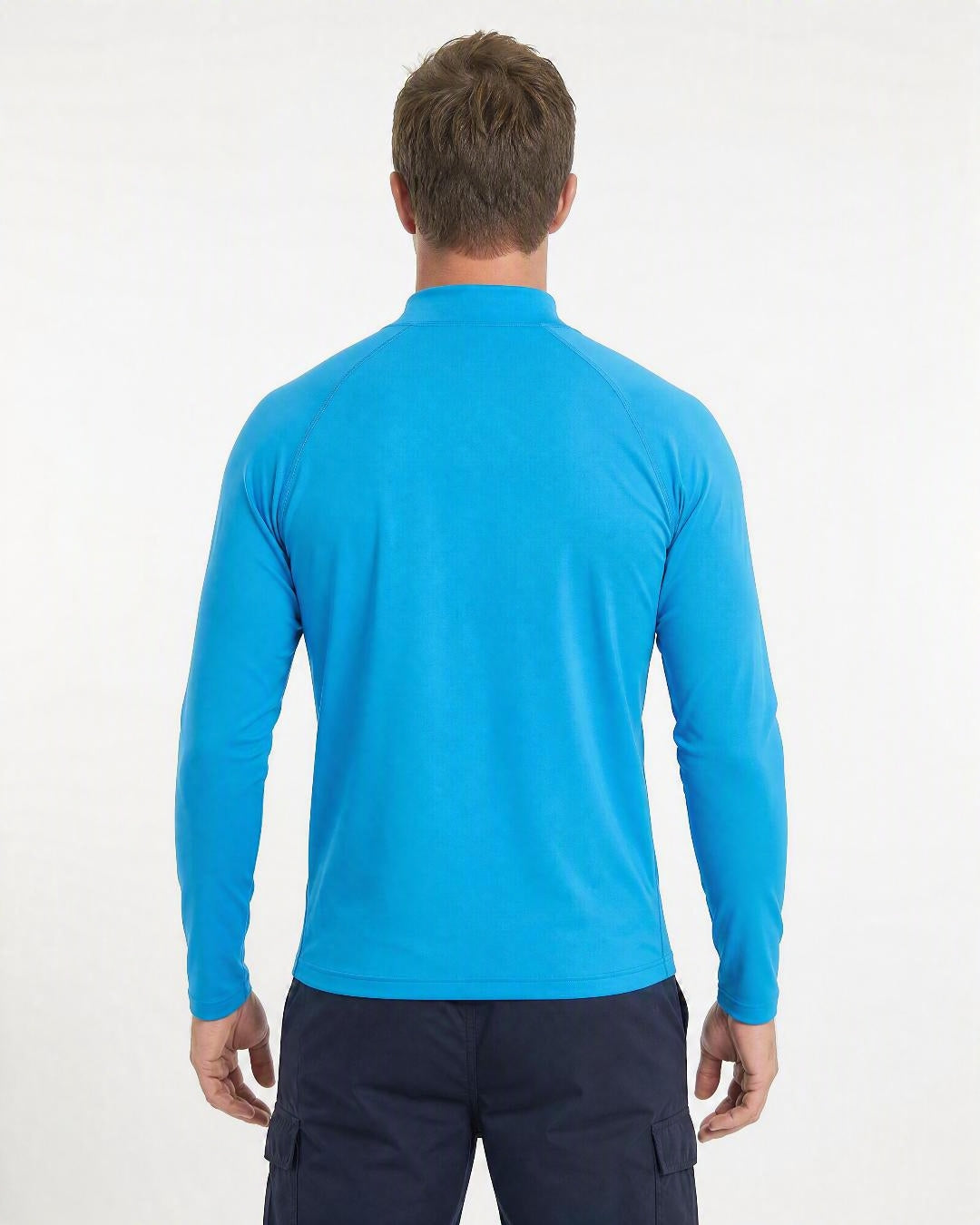Back of Man Wearing Long Sleeve UV Rash Shirt UPF 50+ in Azure